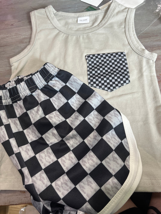 Gray/Black Check Shorts Set